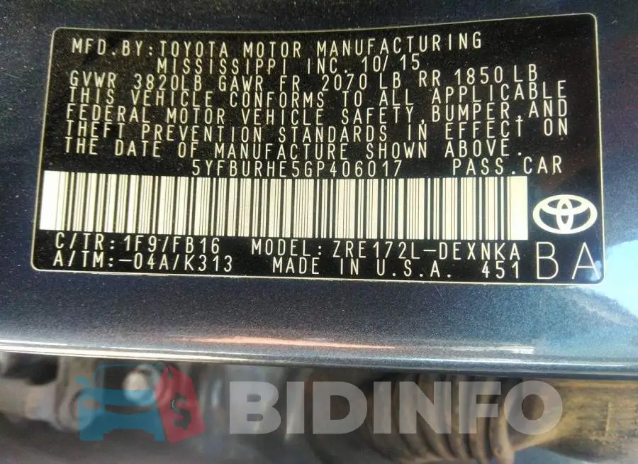 5YFBURHE5GP406017 Photo# 9