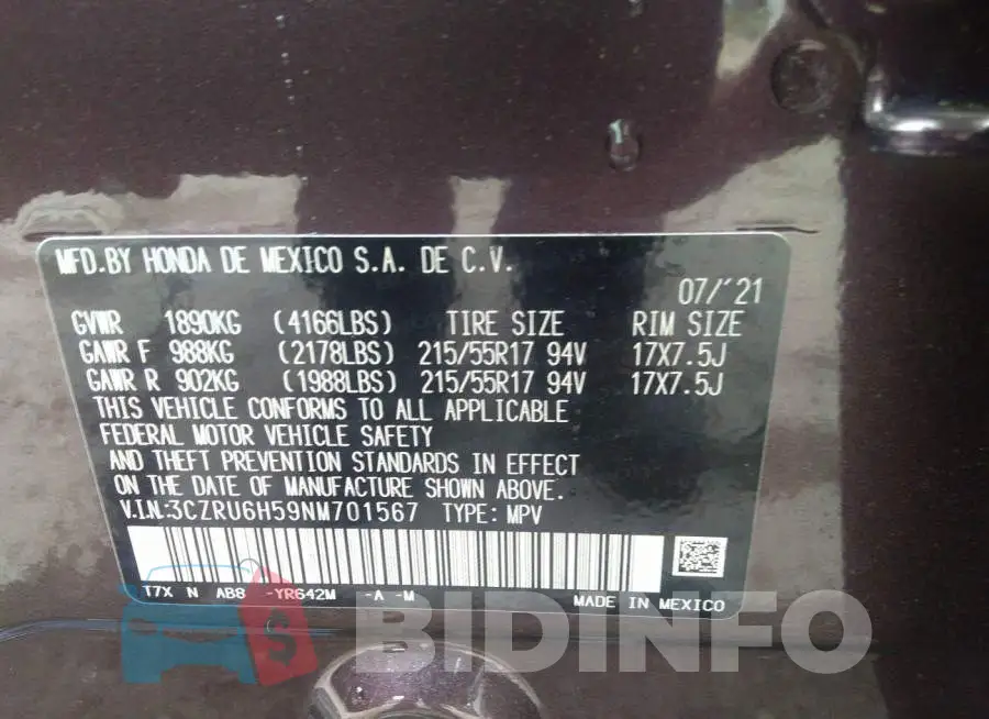 3CZRU6H59NM701567 Photo# 9