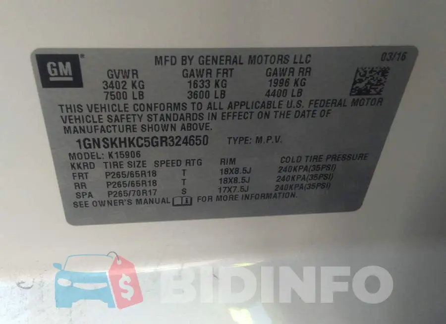 1GNSKHKC5GR324650 Photo# 9