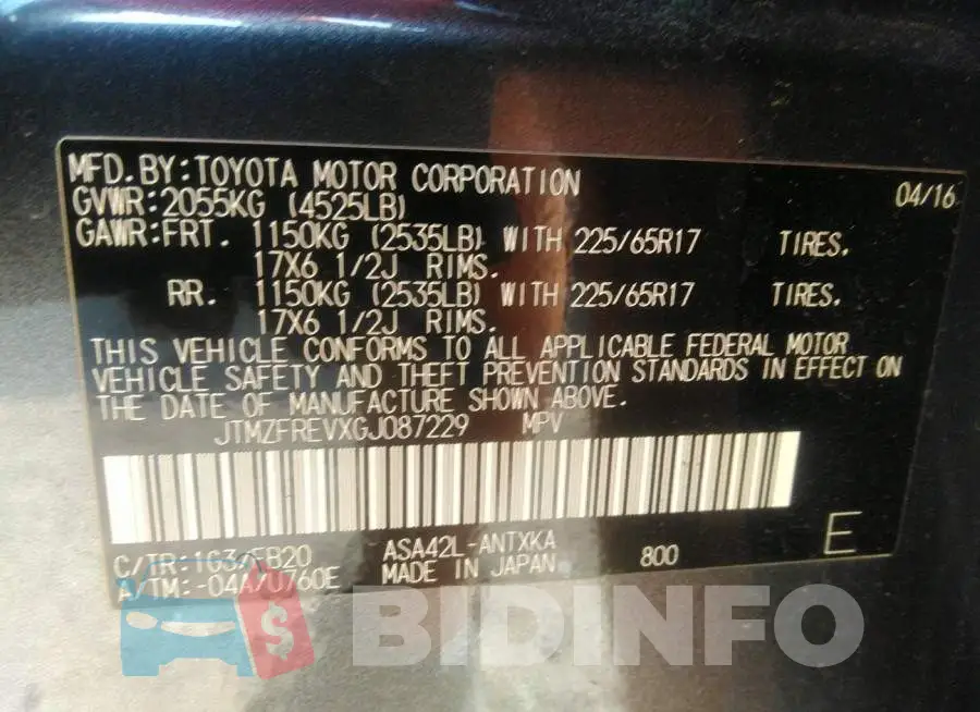 JTMZFREVXGJ087229 Photo# 9