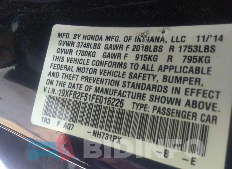 19XFB2F51FE016226 Photo# 9