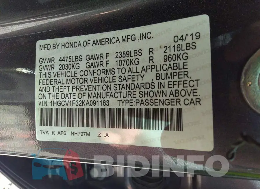1HGCV1F32KA091163 Photo# 9