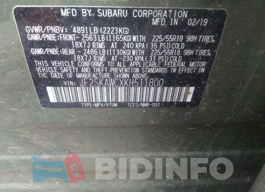 JF2SKAWCXKH511800 Photo# 9