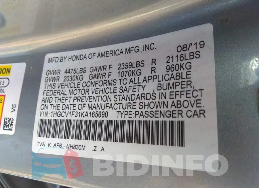 1HGCV1F31KA165690 Photo# 9