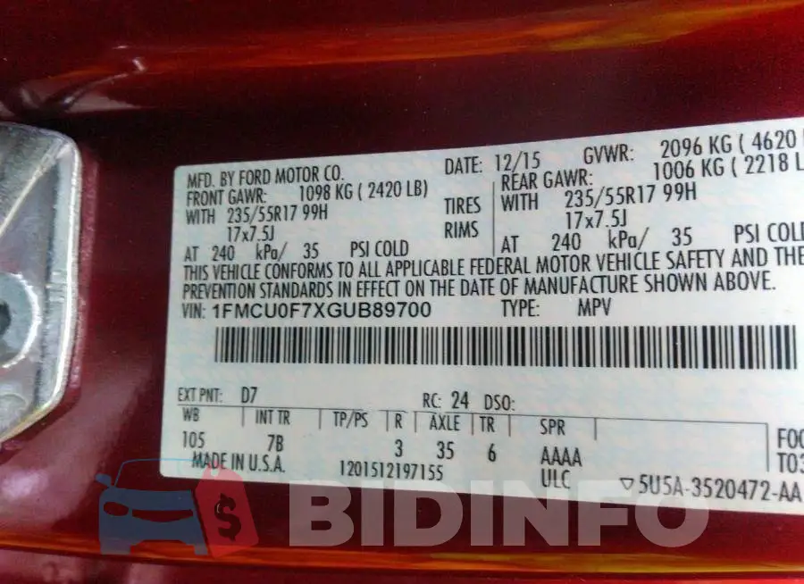 1FMCU0F7XGUB89700 Photo# 9