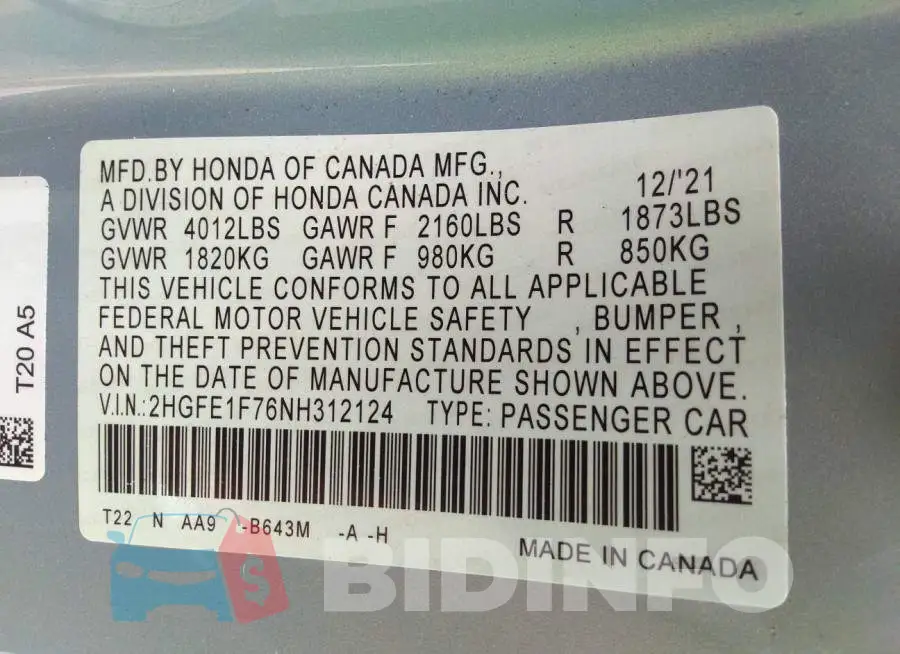 2HGFE1F76NH312124 Photo# 9