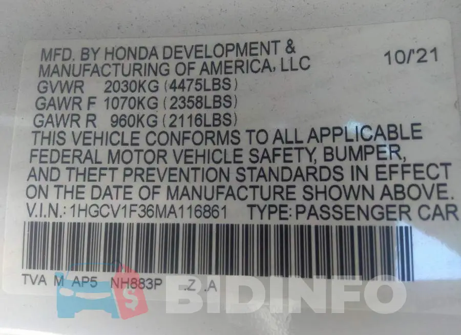 1HGCV1F36MA116861 Photo# 9