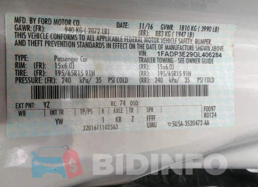 1FADP3E29GL406284 Photo# 9