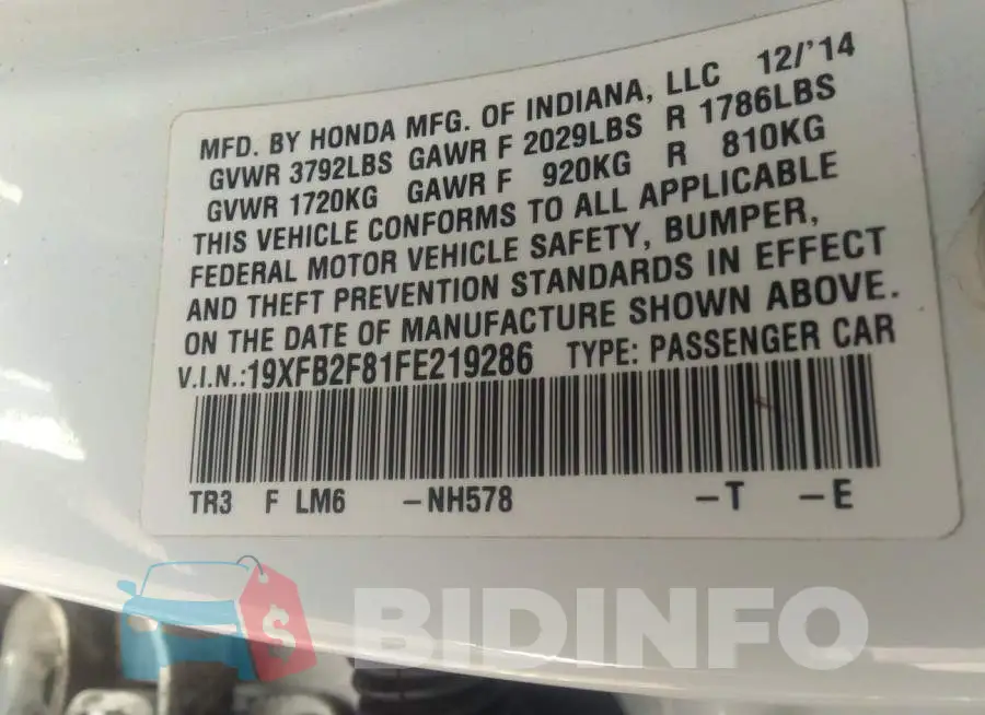 19XFB2F81FE219286 Photo# 9