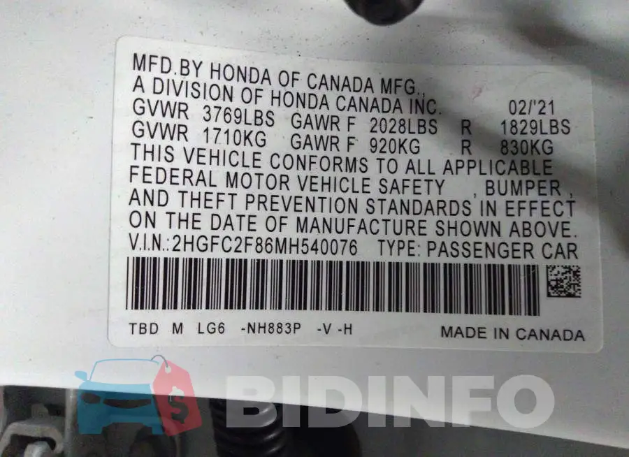 2HGFC2F86MH540076 Photo# 9