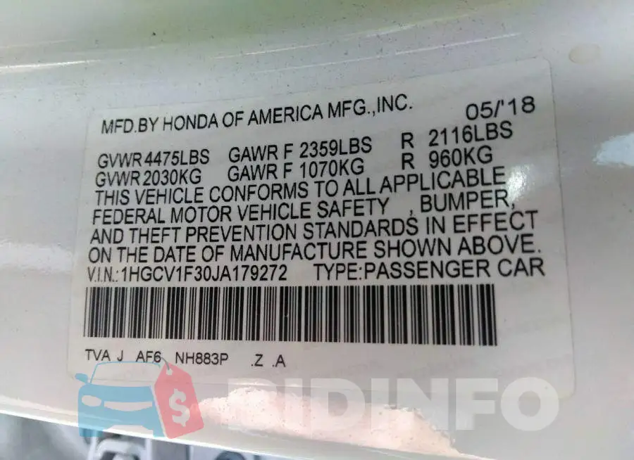 1HGCV1F30JA179272 Photo# 9