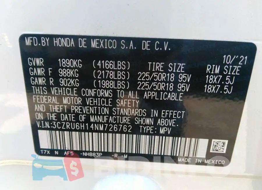 3CZRU6H14NM726762 Photo# 9