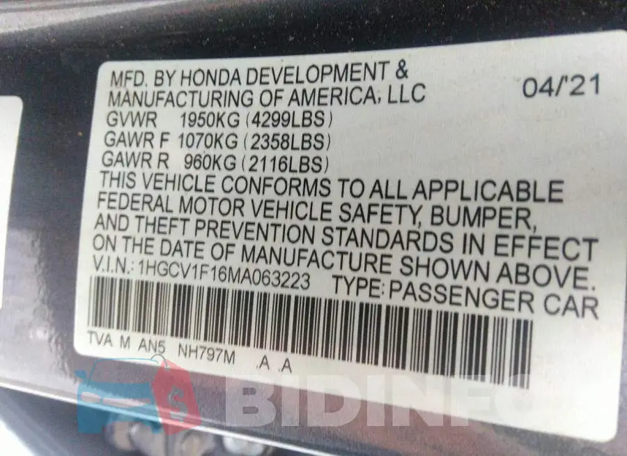 1HGCV1F16MA063223 Photo# 9