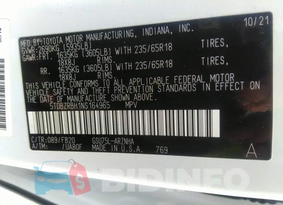5TDBZRBH1NS164965 Photo# 9