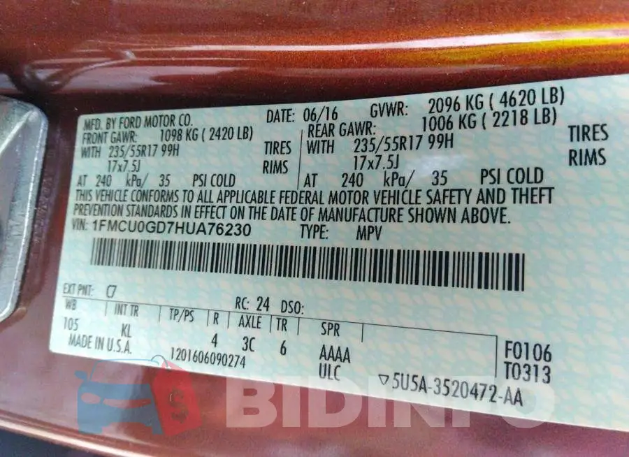 1FMCU0GD7HUA76230 Photo# 9