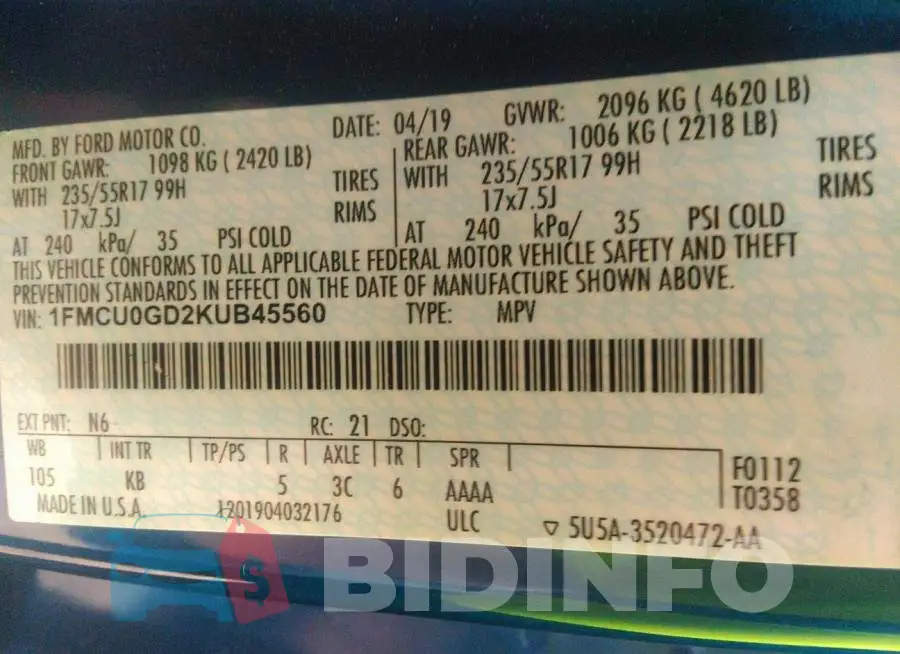 1FMCU0GD2KUB45560 Photo# 9