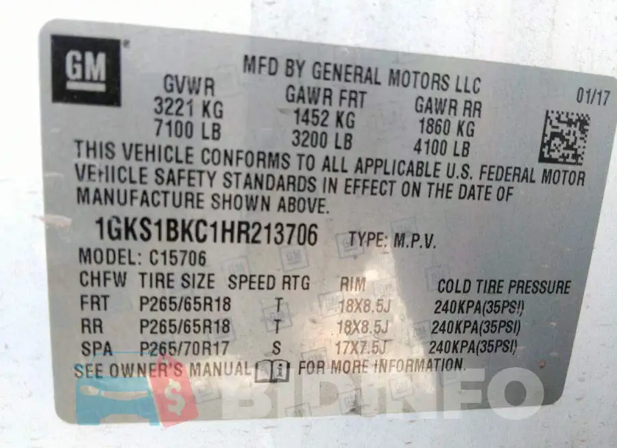 1GKS1BKC1HR213706 Photo# 9