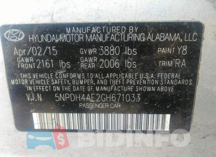 5NPDH4AE2GH671033 Photo# 9