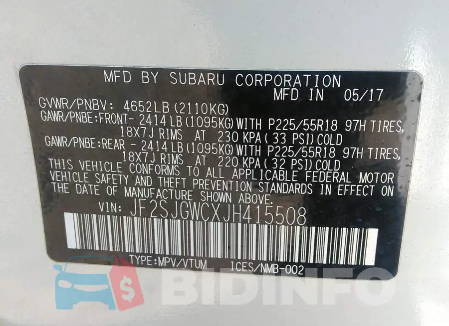 JF2SJGWCXJH415508 Photo# 9