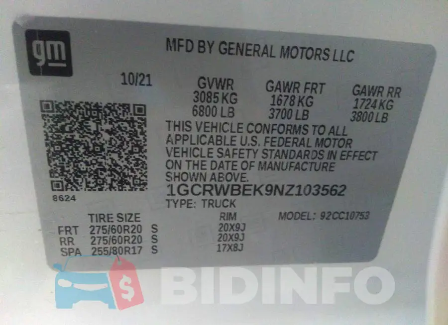 1GCRWBEK9NZ103562 Photo# 9