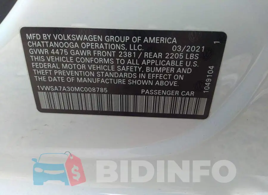 1VWSA7A30MC008785 Photo# 9