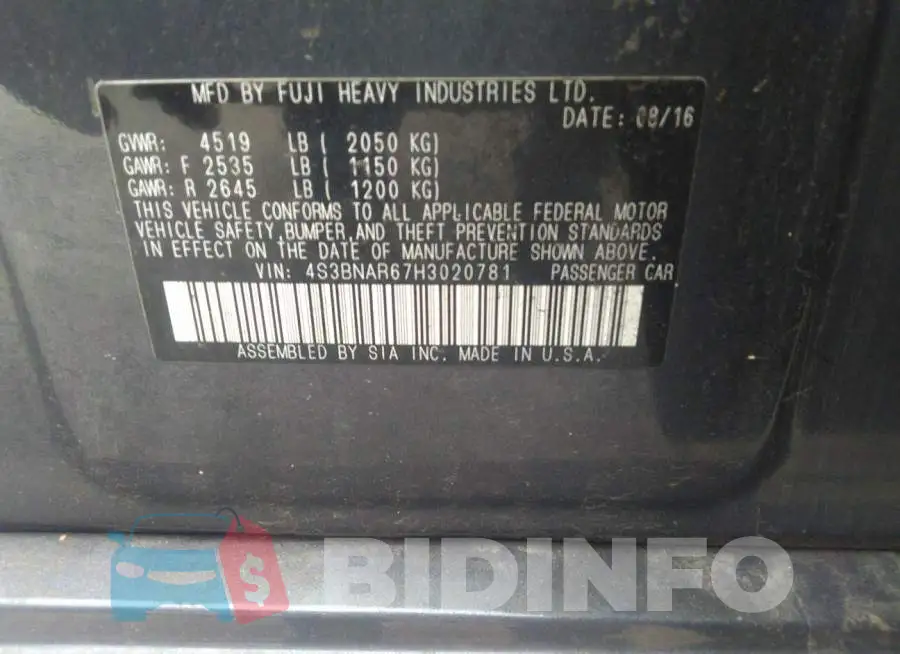 4S3BNAR67H3020781 Photo# 9