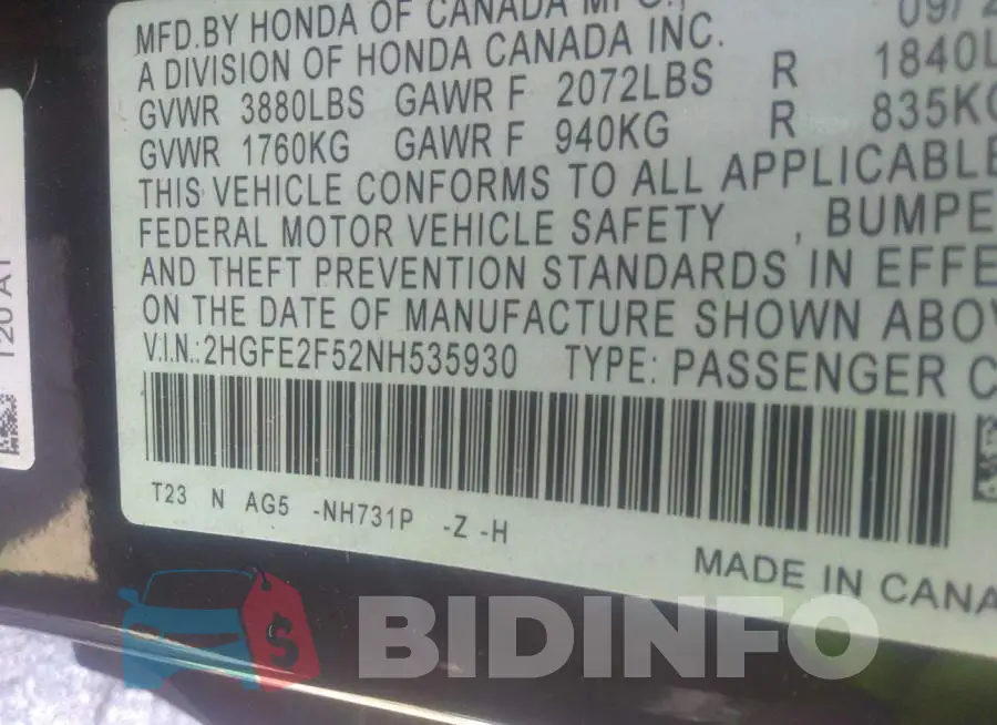 2HGFE2F52NH535930 Photo# 9