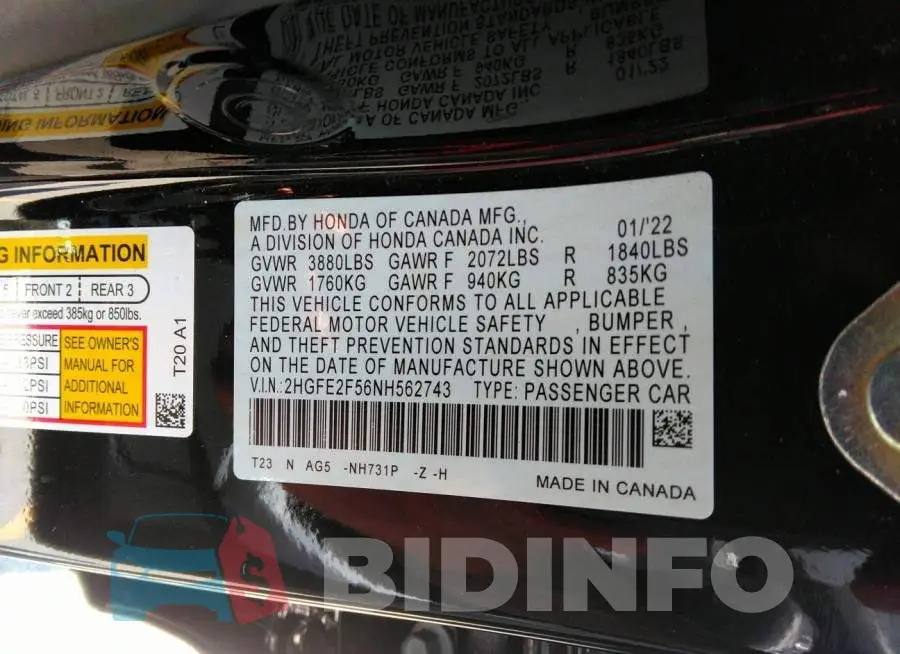 2HGFE2F56NH562743 Photo# 9
