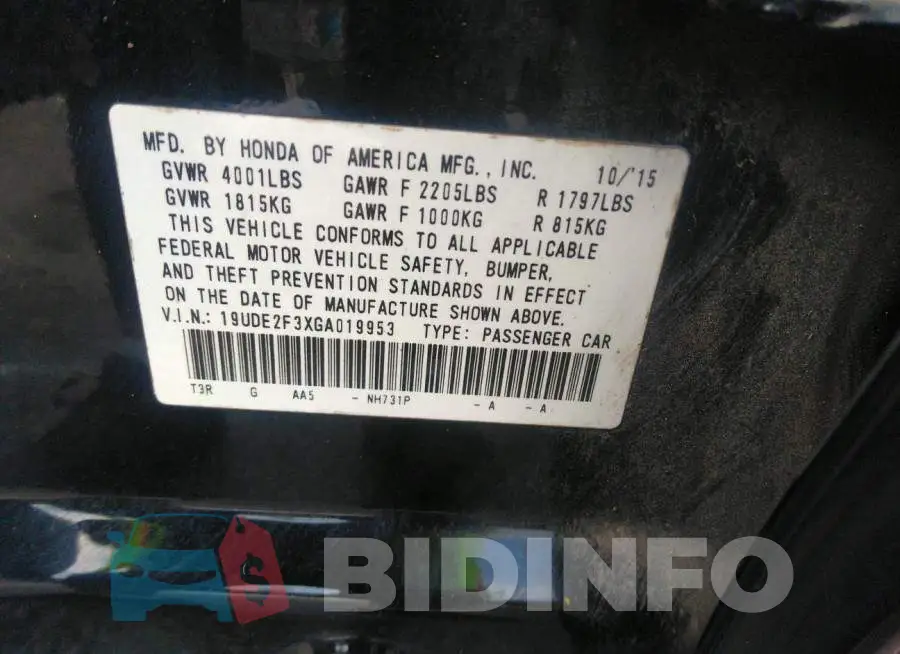 19UDE2F3XGA019953 Photo# 9