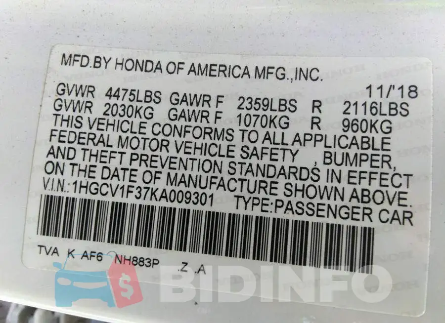 1HGCV1F37KA009301 Photo# 9