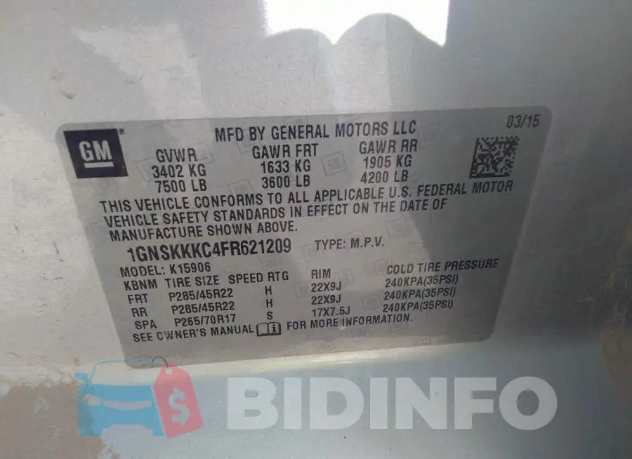 1GNSKKKC4FR621209 Photo# 9