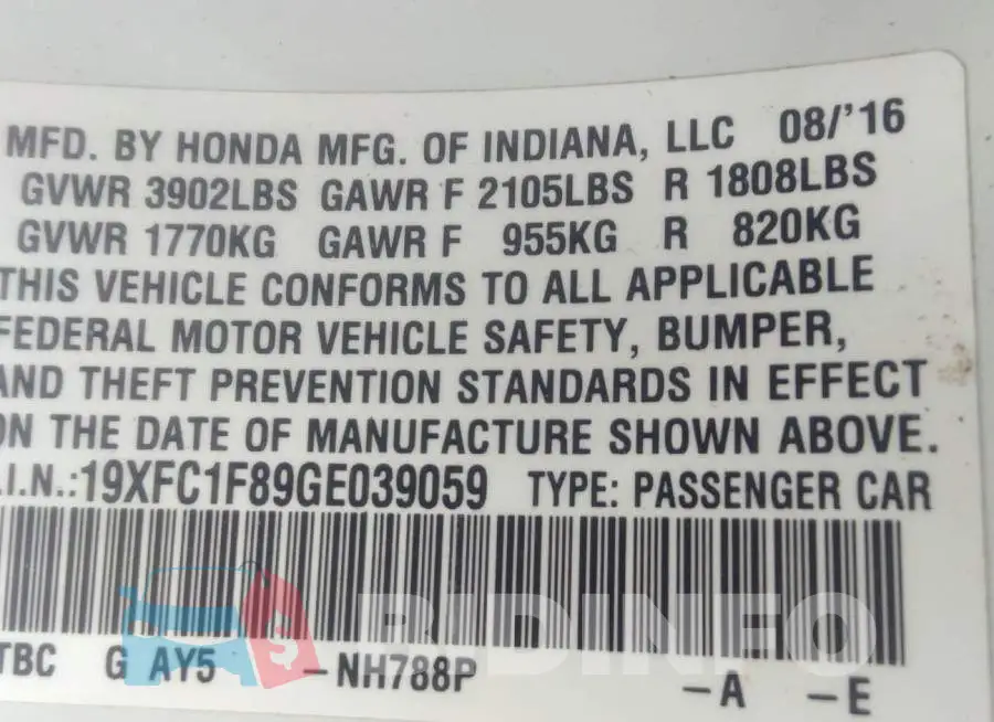 19XFC1F89GE039059 Photo# 9