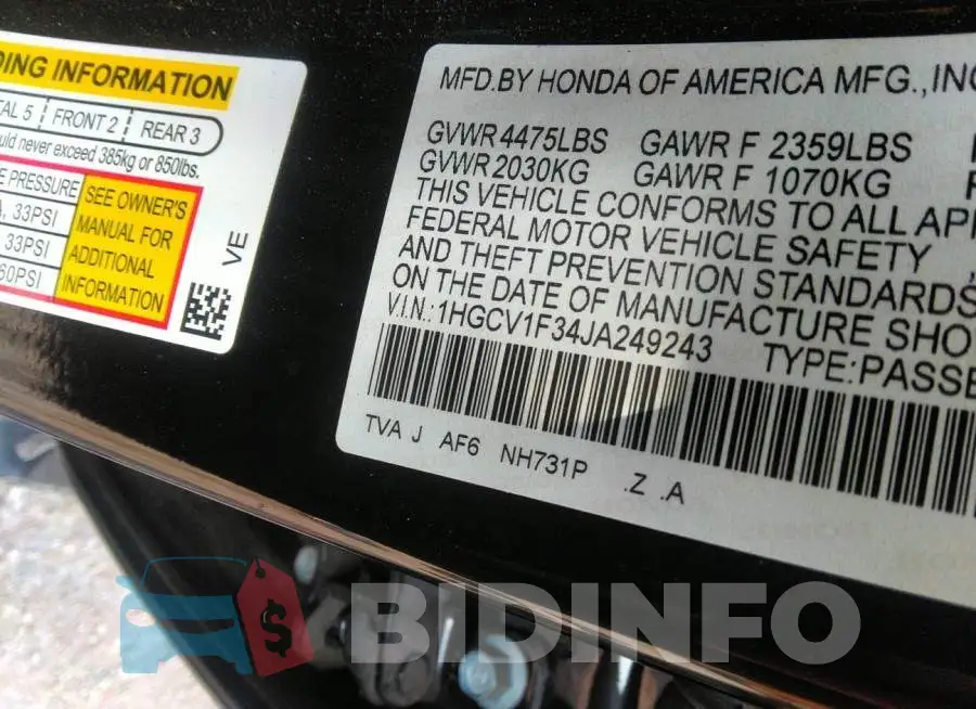 1HGCV1F34JA249243 Photo# 9