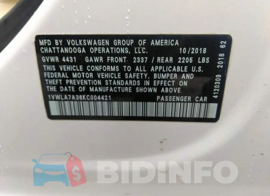 1VWLA7A36KC004421 Photo# 9