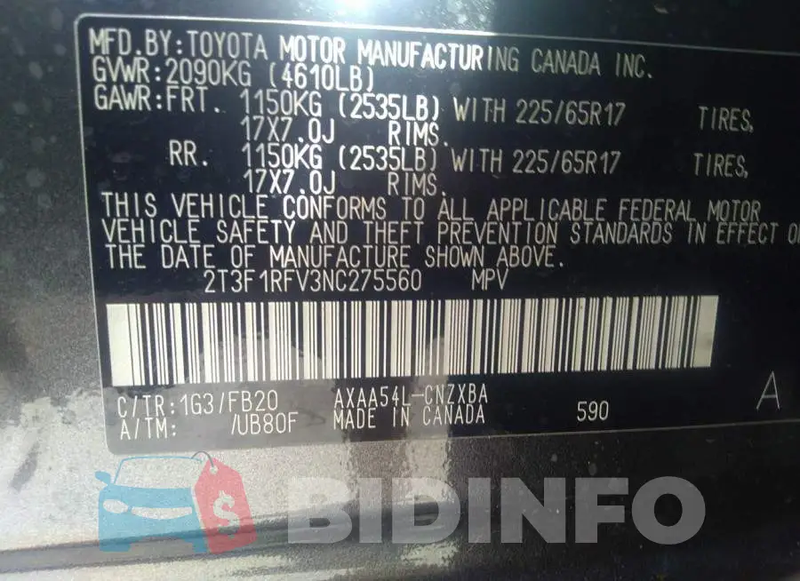 2T3F1RFV3NC275560 Photo# 9