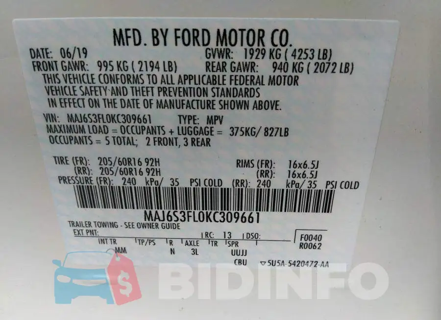 MAJ6S3FL0KC309661 Photo# 9