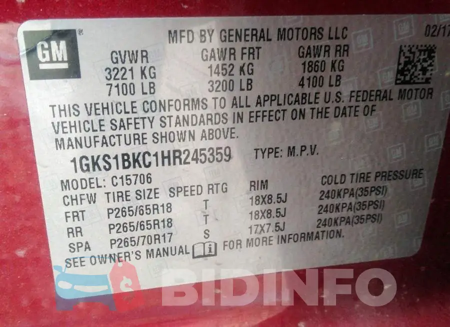 1GKS1BKC1HR245359 Photo# 9
