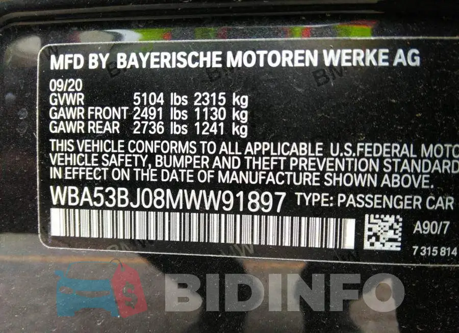 WBA53BJ08MWW91897 Photo# 9