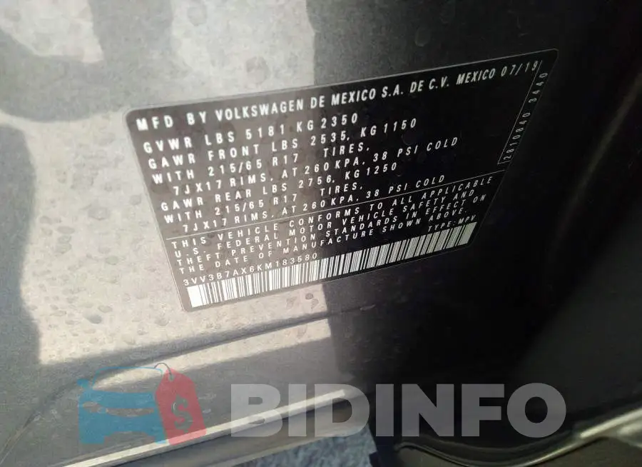 3VV3B7AX6KM183580 Photo# 9