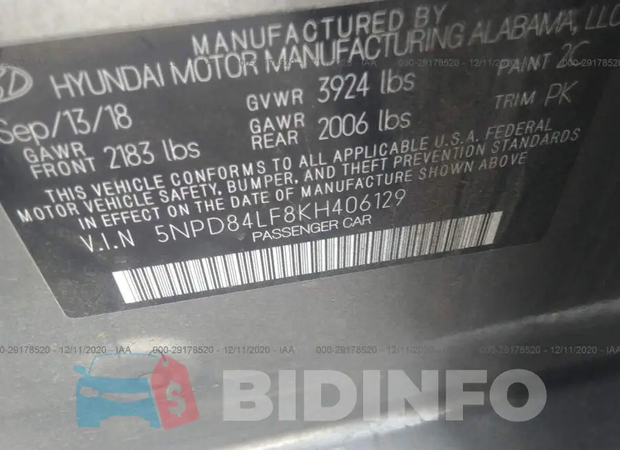 5NPD84LF8KH406129 Photo# 9