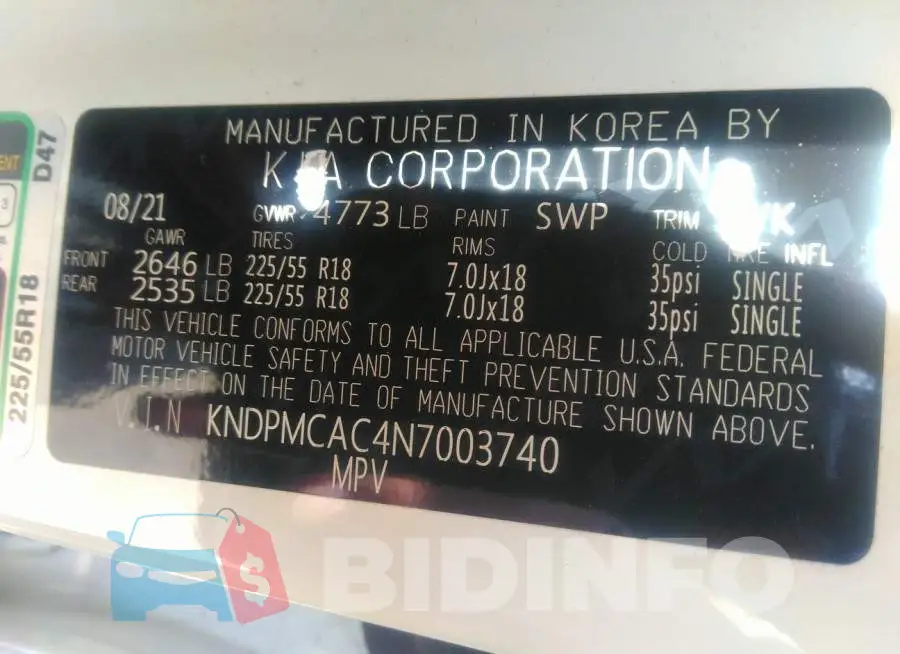 KNDPMCAC4N7003740 Photo# 9