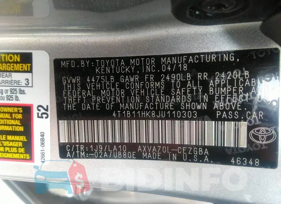 4T1B11HK8JU110303 Photo# 9