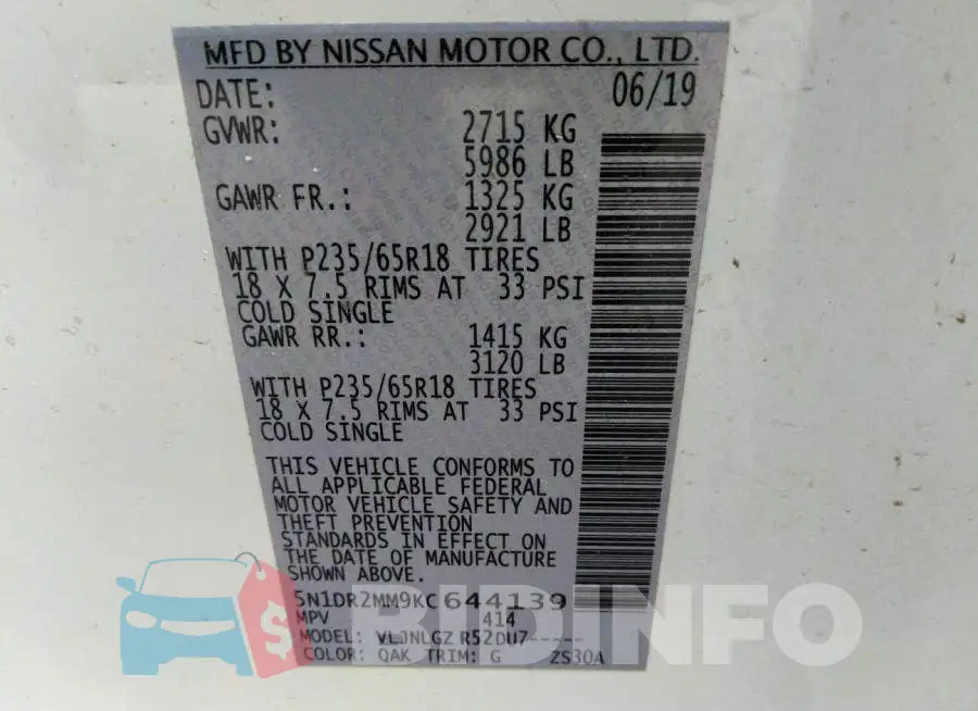 5N1DR2MM9KC644139 Photo# 9