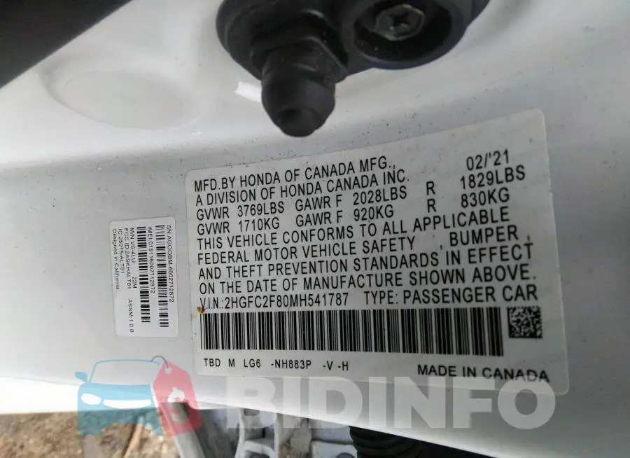 2HGFC2F80MH541787 Photo# 8