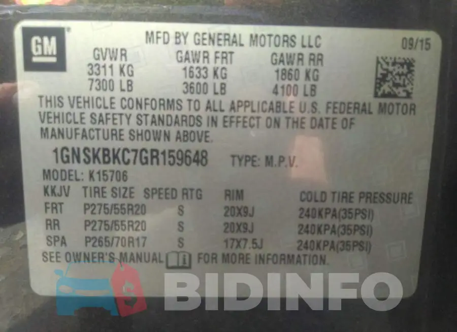 1GNSKBKC7GR159648 Photo# 9
