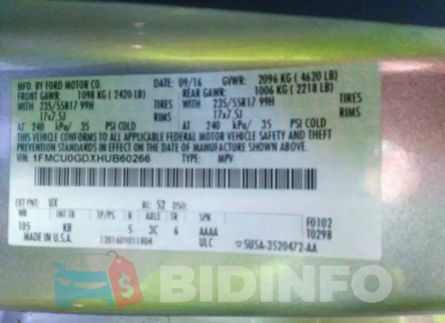 1FMCU0GDXHUB60266 Photo# 9