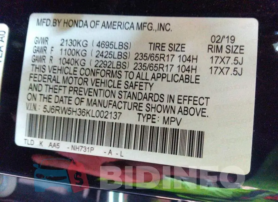 5J6RW5H36KL002137 Photo# 9