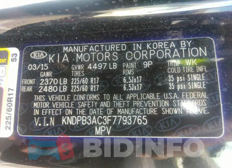 KNDPB3AC3F7793765 Photo# 9