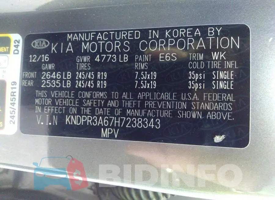 KNDPR3A67H7238343 Photo# 9