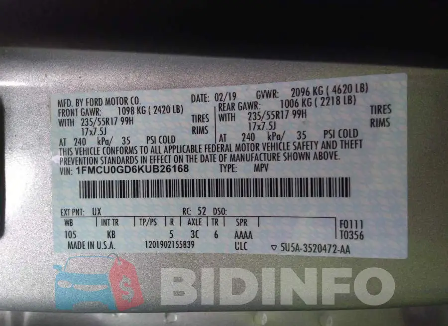 1FMCU0GD6KUB26168 Photo# 9
